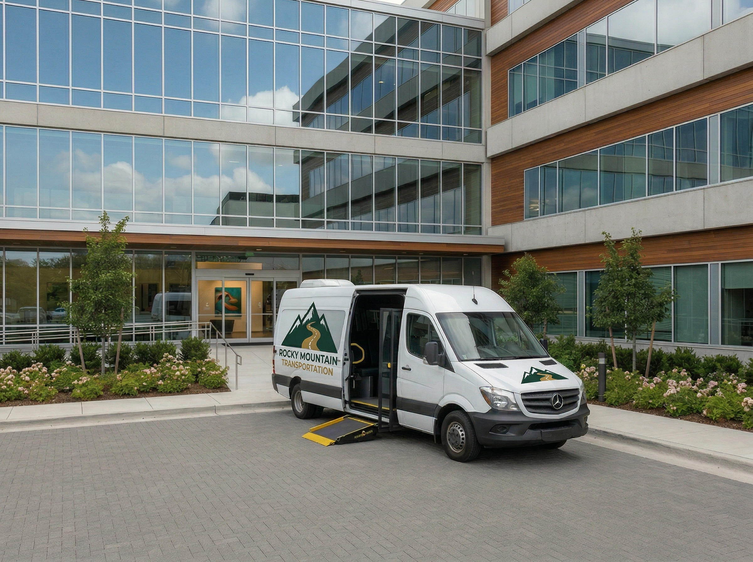 Professional medical transport van outside a clinical facility