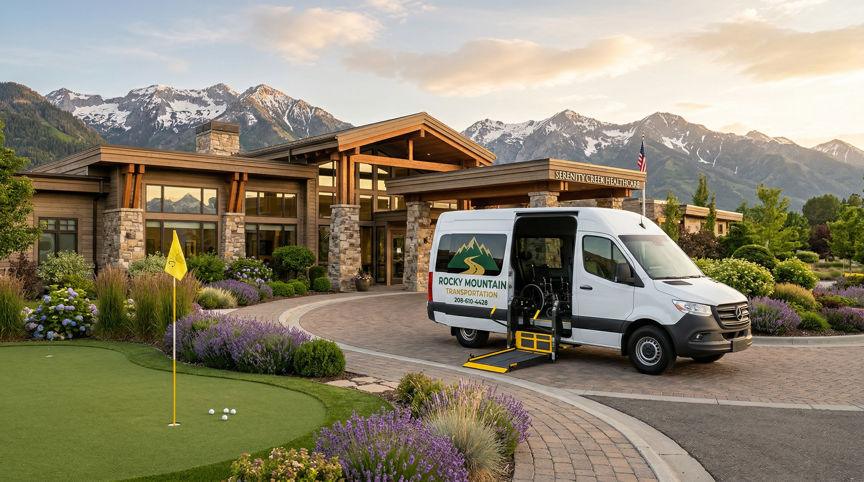 Premium branded transport vehicle outside healthcare facility
